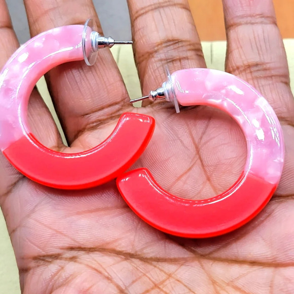 Light Pink & Red Resin Half Moon Earrings - Picture 1 of 3